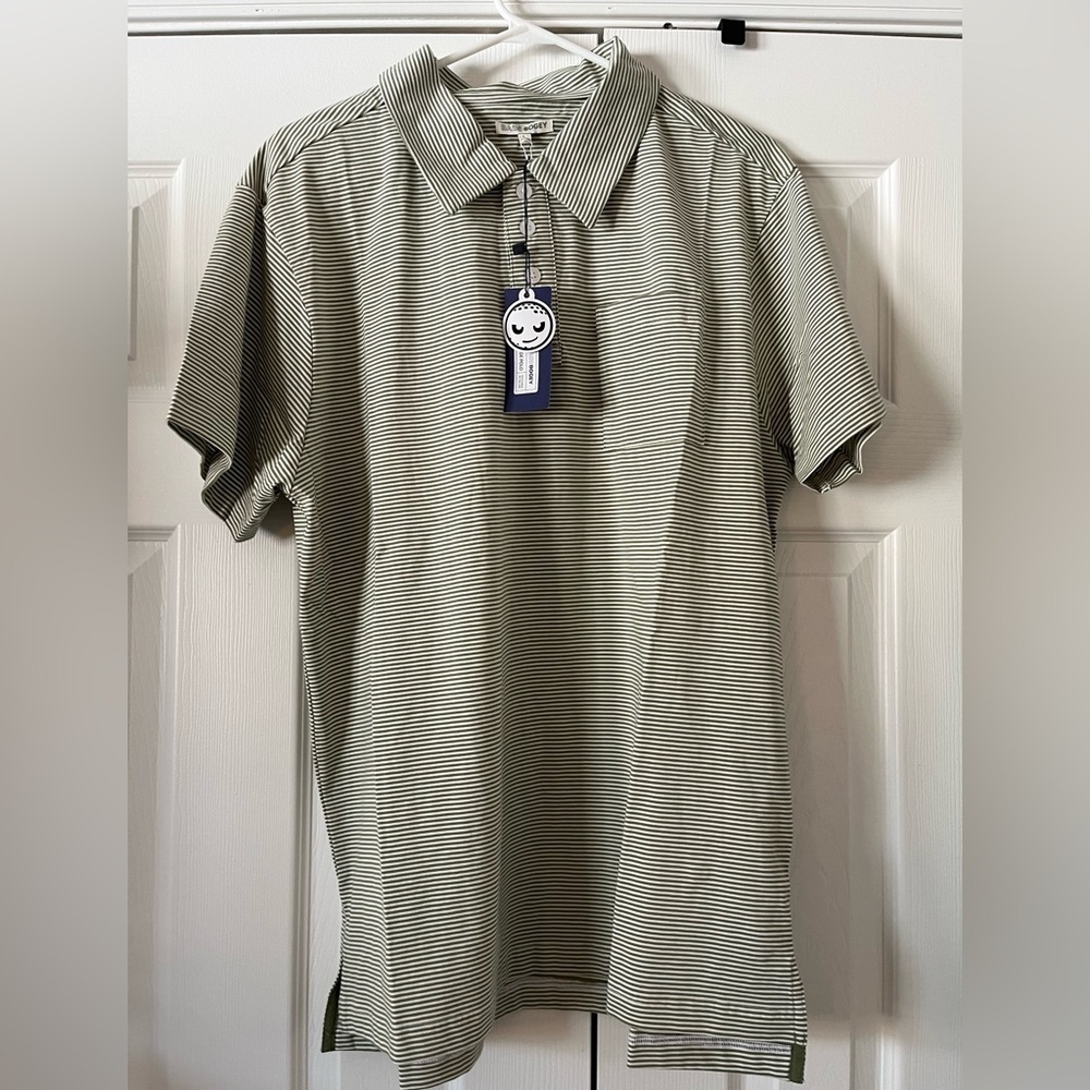 BaddBogey Olive Green White Striped Polo Shirt L